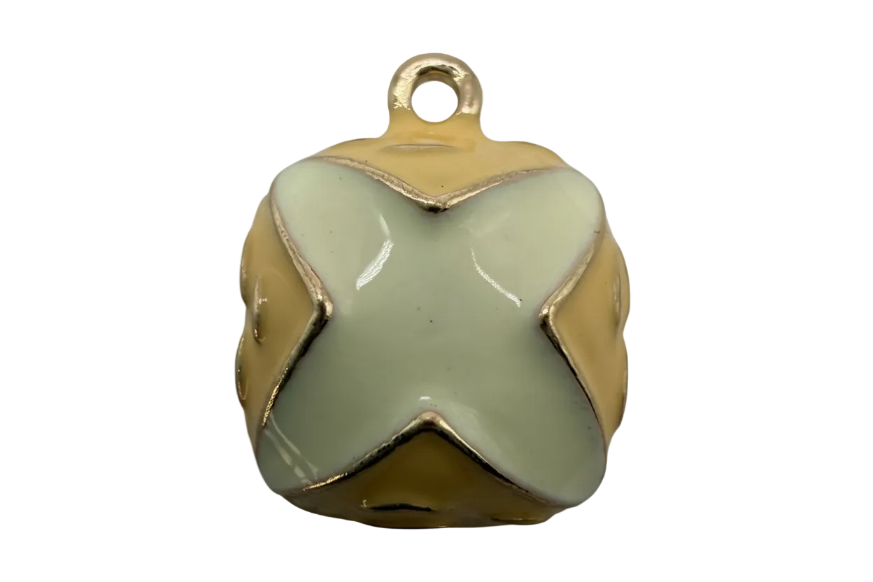 Gold bell charm with glossy mint star enamel and cream accents
