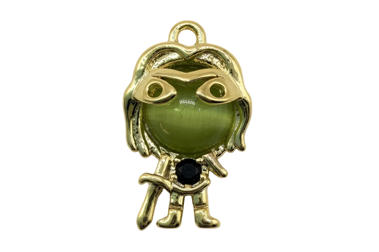 Gold figure charm with green cat-eye face and faceted black gem accent
