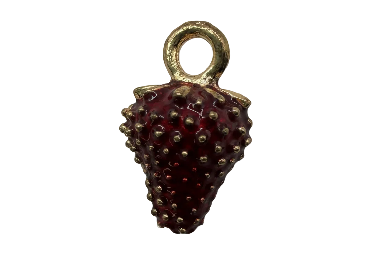 Gold strawberry with glossy deep red enamel and raised seed texture