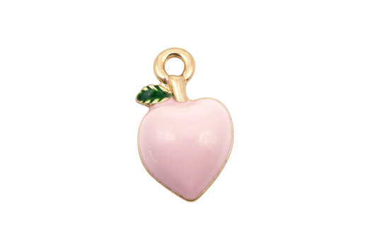Glossy blush pink peach fruit charm with green leaf and gold-toned top