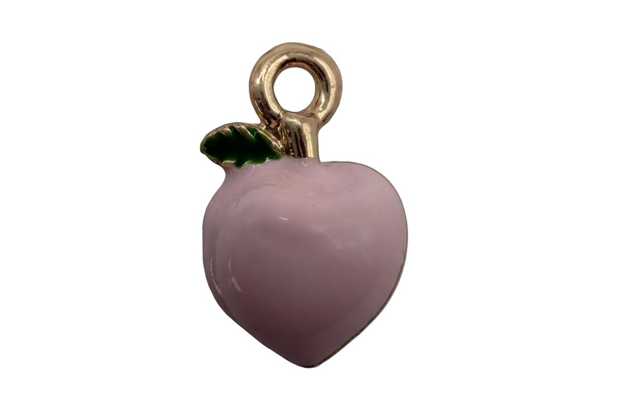 Blush pink heart-shaped strawberry with green leaf detail and gold finish