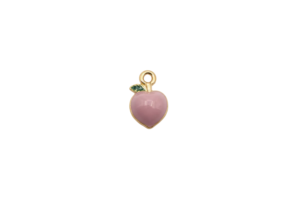 Pink strawberry heart with green leaf and gold finish