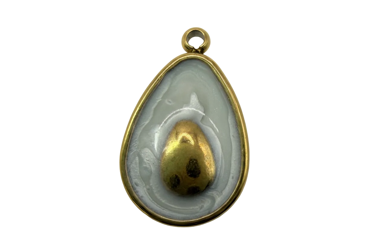 Gold-framed teardrop oyster shell charm with glossy pearl-gray center and gold pearl detail