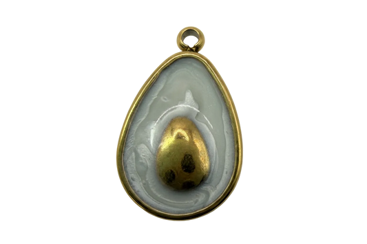 Gold-framed teardrop oyster shell charm with glossy pearl-gray center and gold pearl detail