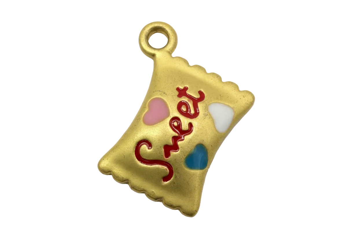 Gold pillow-shaped charm with red sweet script and pink, white, and blue enamel hearts