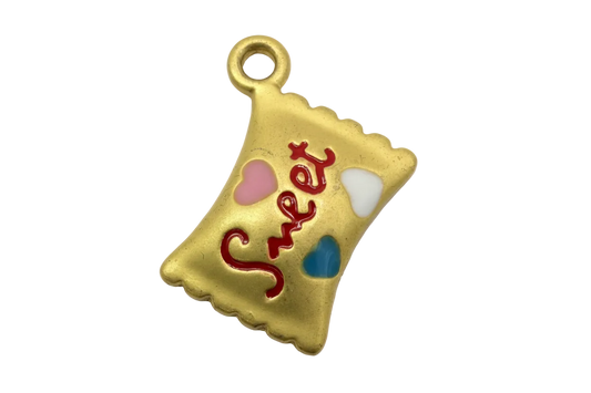 Gold pillow-shaped charm with red sweet script and pink, white, and blue enamel hearts