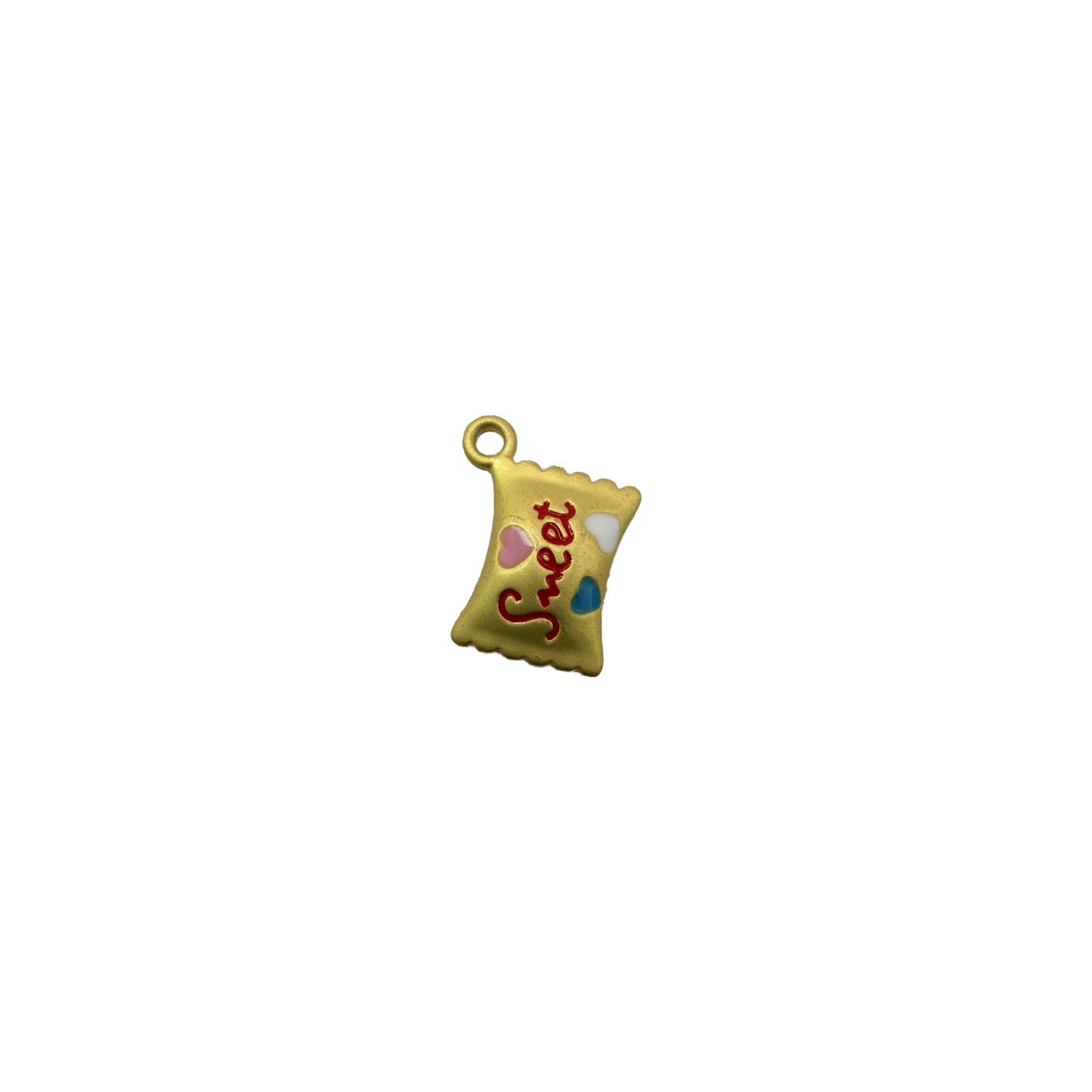 Gold pillow charm with red script and multicolor enamel hearts
