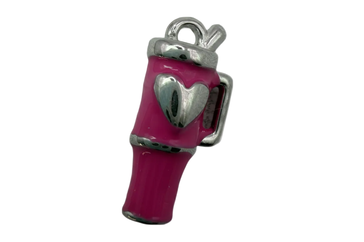 Hot pink lipstick tube charm with polished silver heart detail