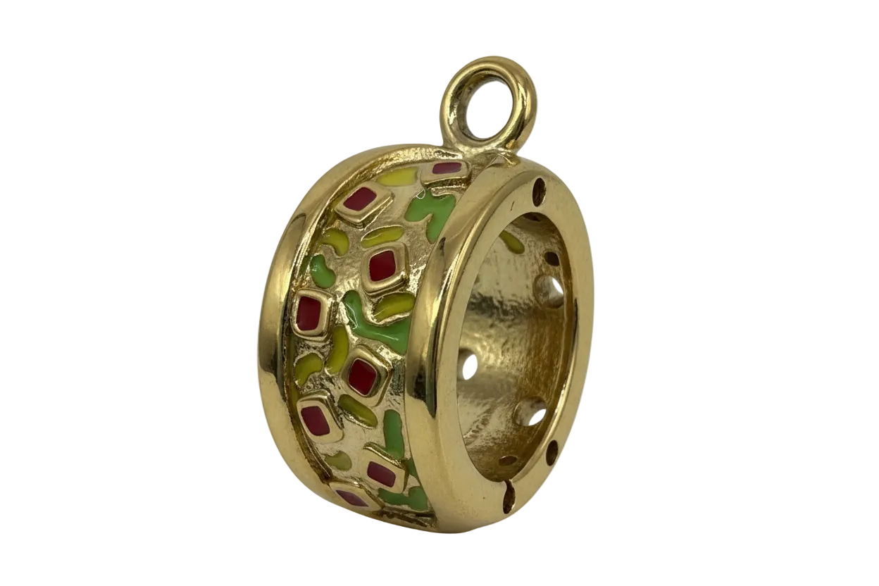 Polished gold capsule charm with red, green, and yellow mosaic enamel accents