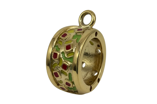 Polished gold capsule charm with red, green, and yellow mosaic enamel accents