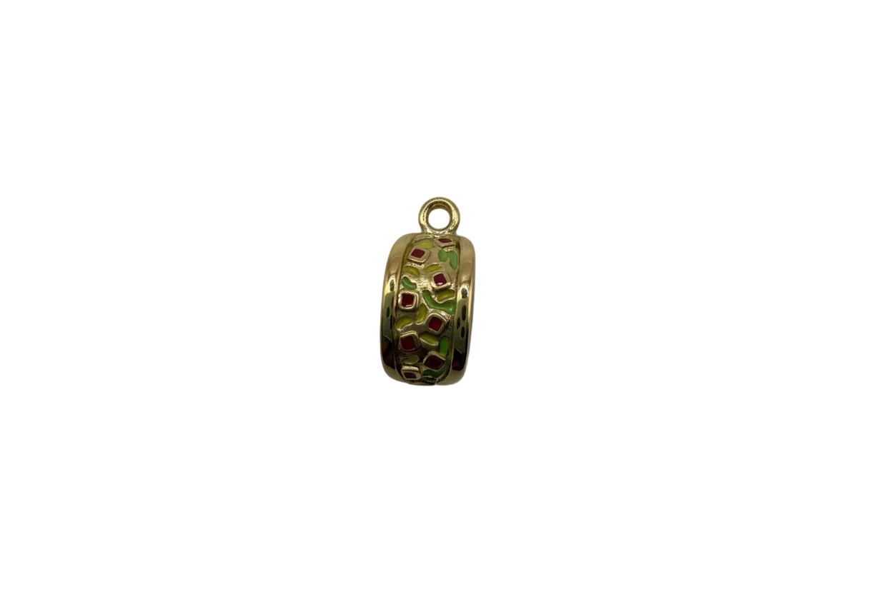 Gold capsule with red, green, and yellow mosaic enamel