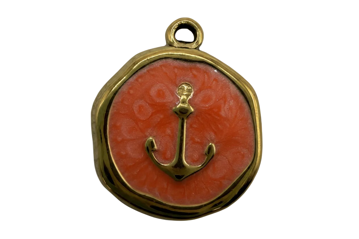 Gold anchor medallion with marbled coral enamel face