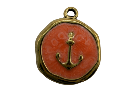 Gold anchor medallion with marbled coral enamel face