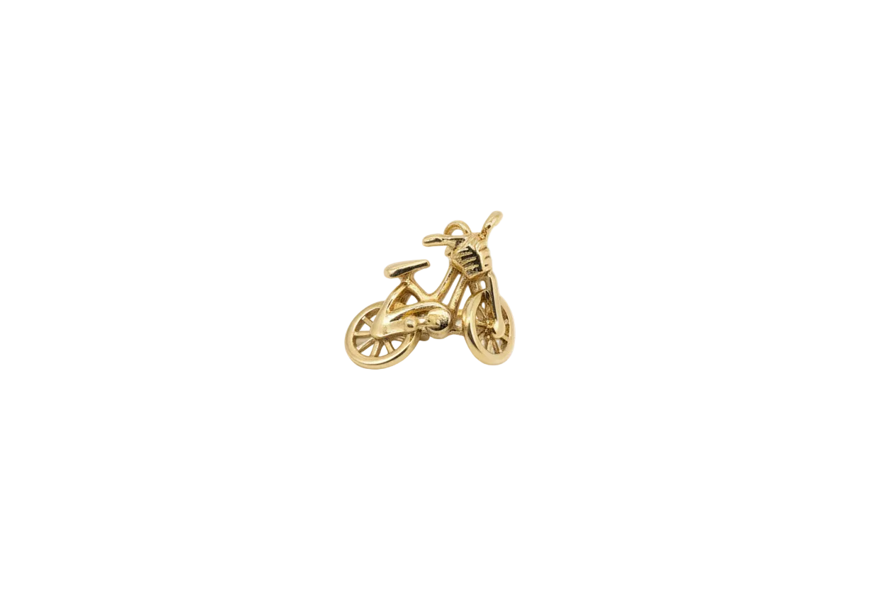 Gold mini bicycle charm with detailed spokes and handlebars