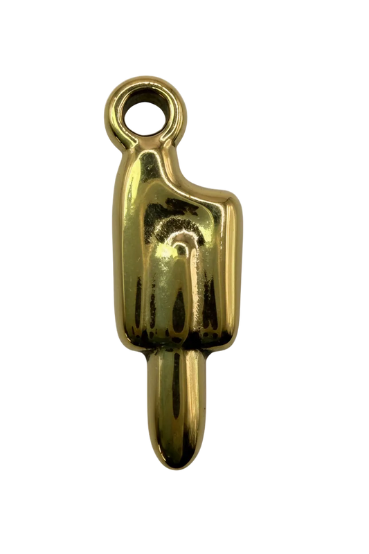 Glossy gold raised middle finger hand gesture pendant on black background