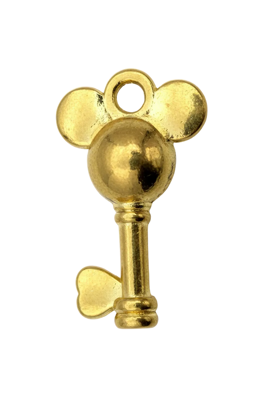 Glossy gold key with heart-shaped end and rounded mouse-head silhouette