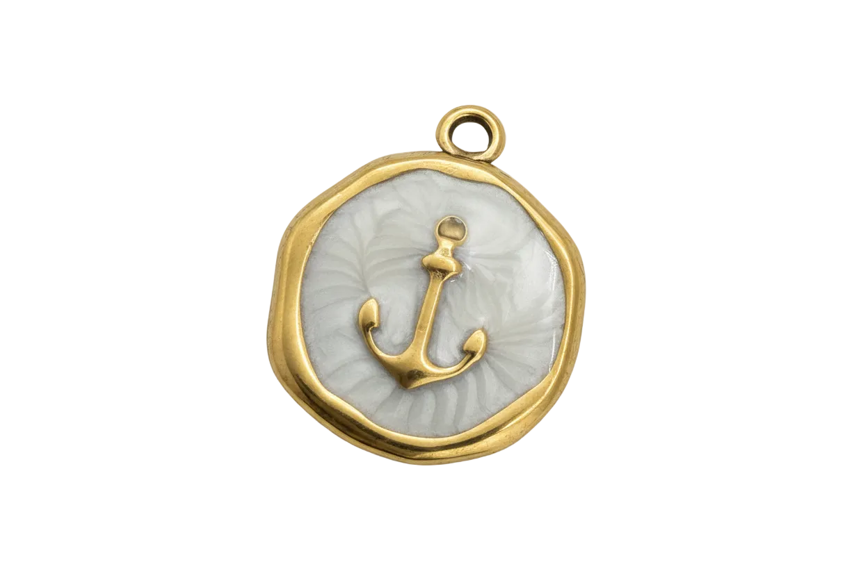 Pearlescent white round medallion with gold border and gold anchor motif