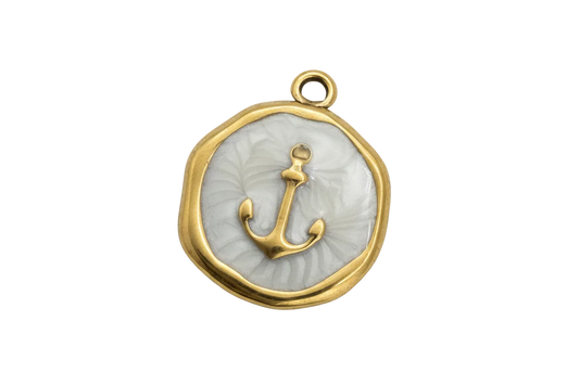 Pearlescent white round medallion with gold border and gold anchor motif