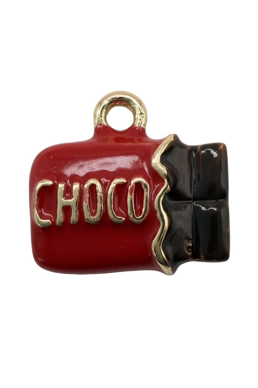 Glossy red and black chocolate bar charm with gold outlining and raised CHOCO lettering