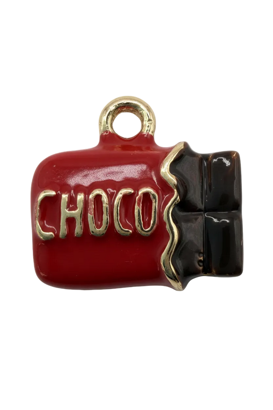 Glossy red and black chocolate bar charm with gold outlining and raised CHOCO lettering
