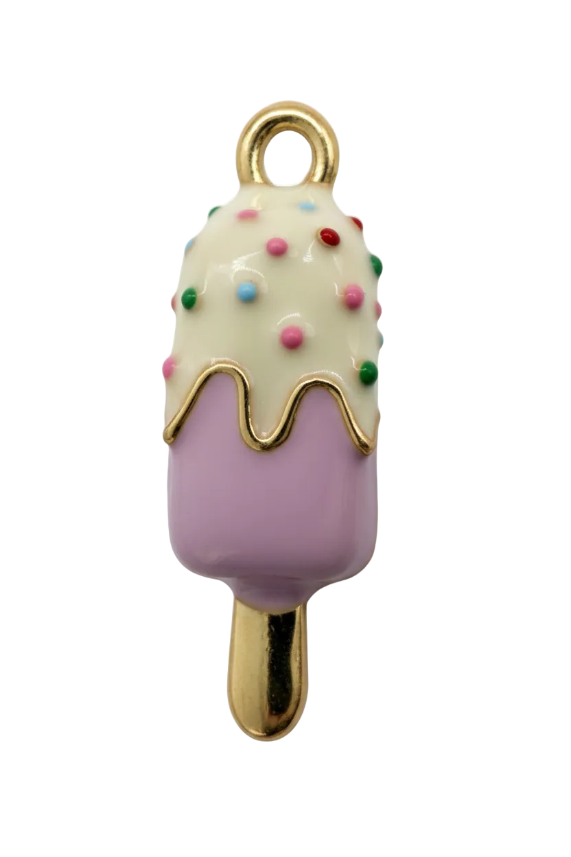 Gold-outlined ice cream bar charm in lavender with white icing and multicolor sprinkles