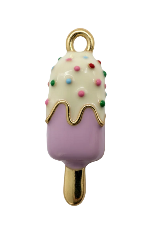 Gold-outlined ice cream bar charm in lavender with white icing and multicolor sprinkles