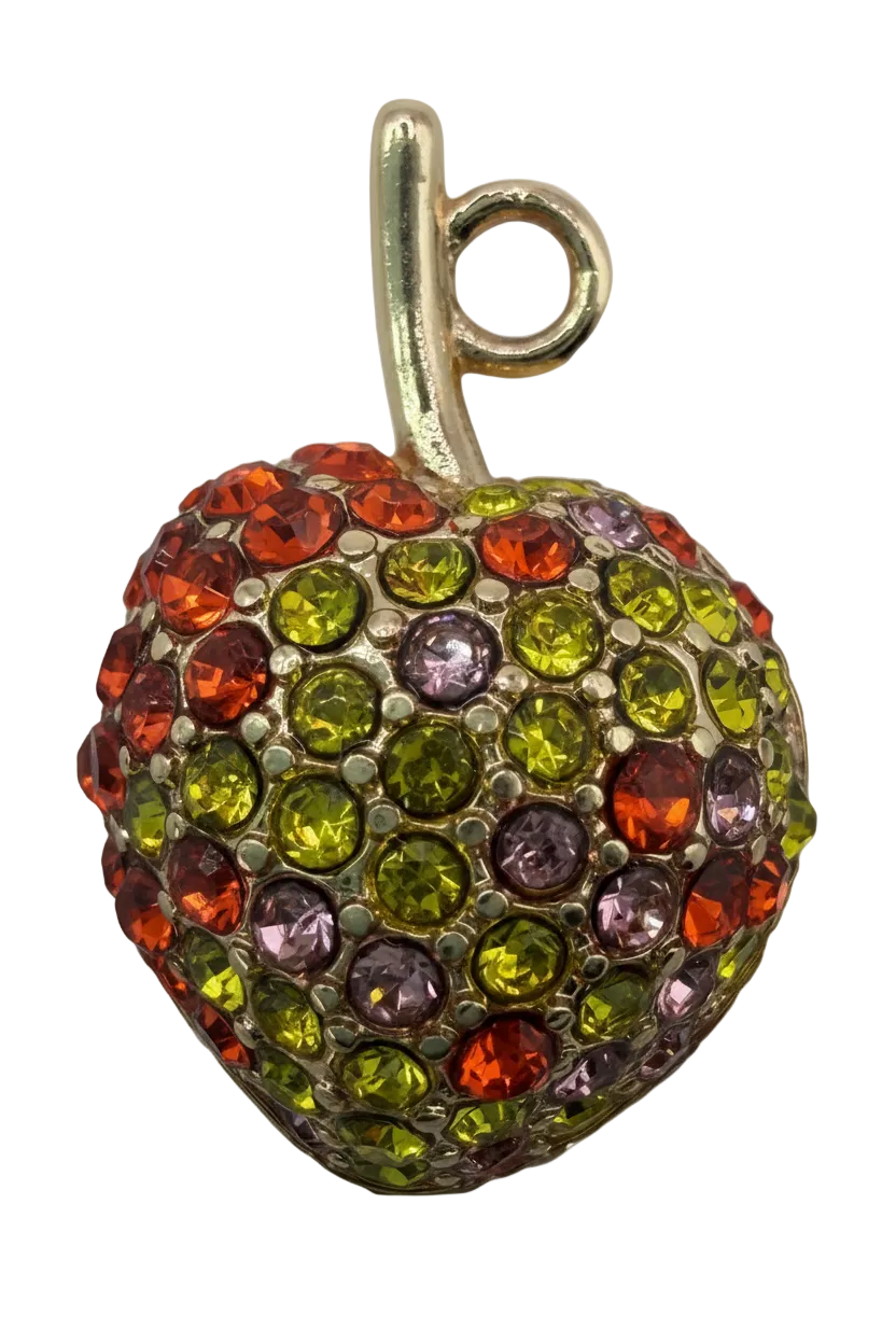 Silver heart covered in pavé crystals in lime green, orange-red, and violet