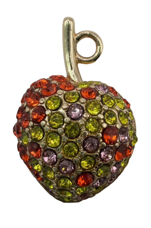 Silver heart covered in pavé crystals in lime green, orange-red, and violet