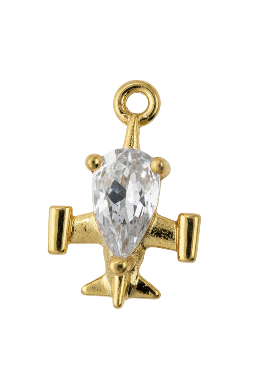 Gold airplane charm with a faceted clear oval gem centerpiece