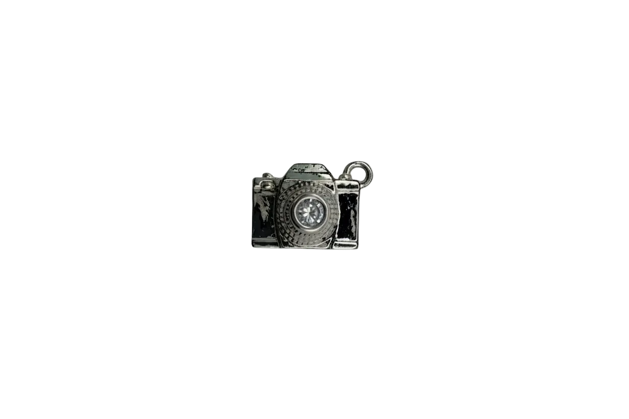 Silver camera charm with clear crystal lens