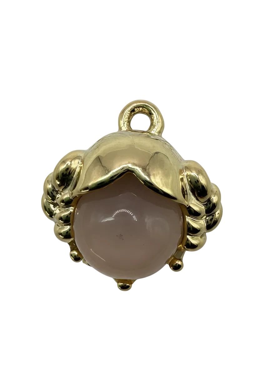 Gold oval charm with glossy blush pink cabochon and sculpted petal-like frame