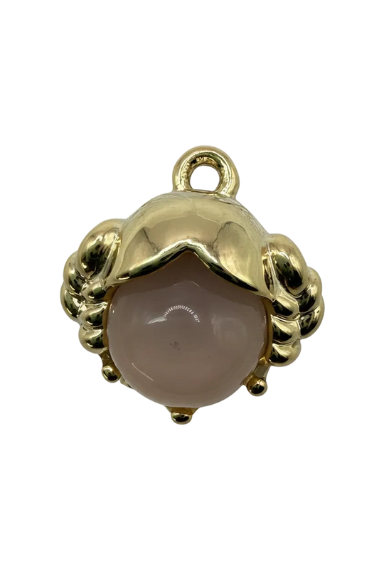 Gold oval charm with glossy blush pink cabochon and sculpted petal-like frame