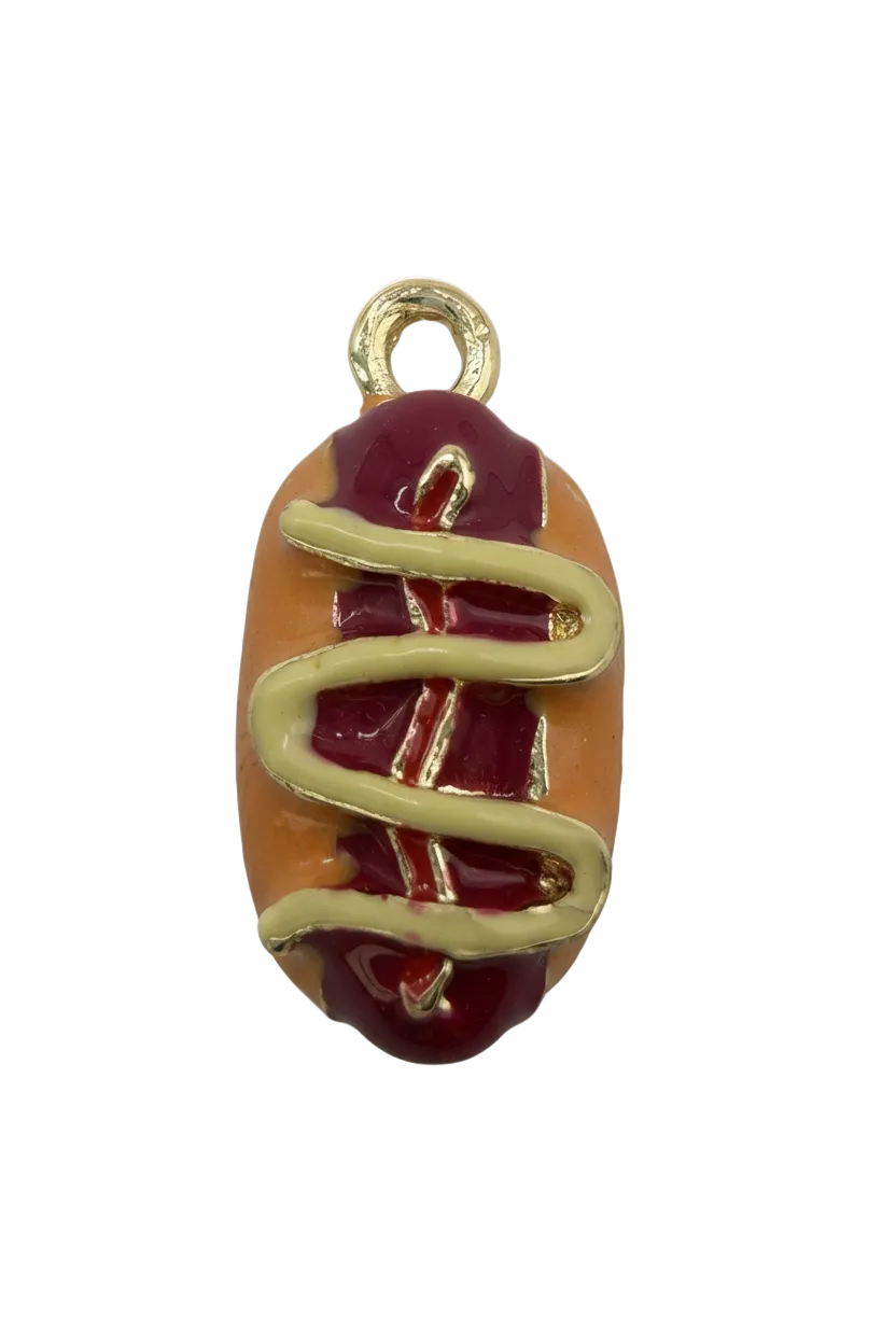 Gold hot dog charm with tan bun, red ketchup and yellow mustard drizzle, glossy enamel finish