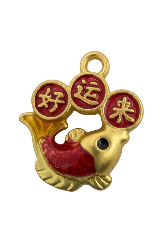 Gold koi fish charm with red enamel coin cluster and black eye detail