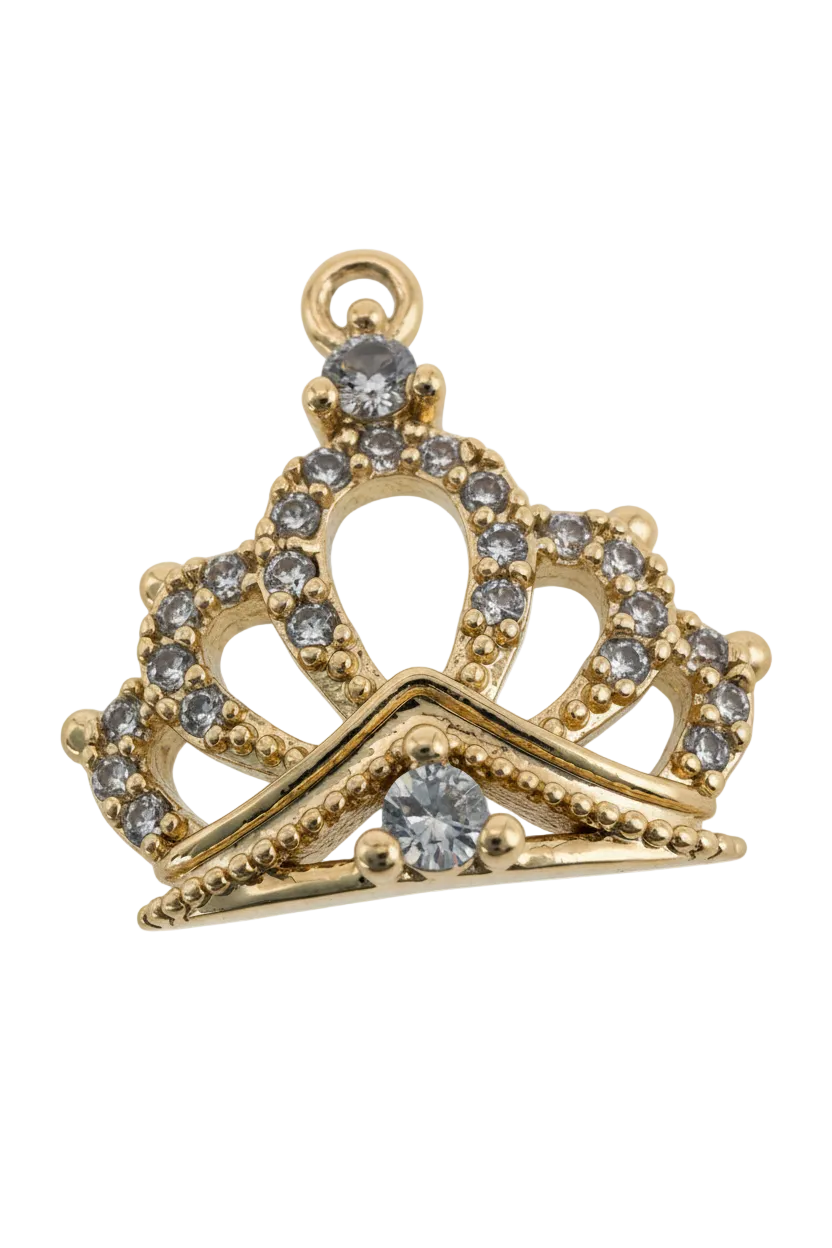 Gold crown charm with pavé clear crystals and a round clear gemstone center