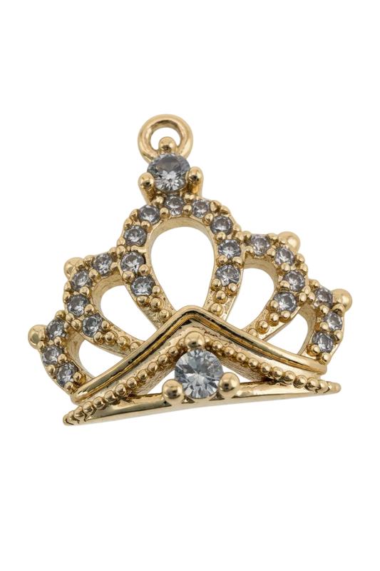 Gold crown charm with pavé clear crystals and a round clear gemstone center
