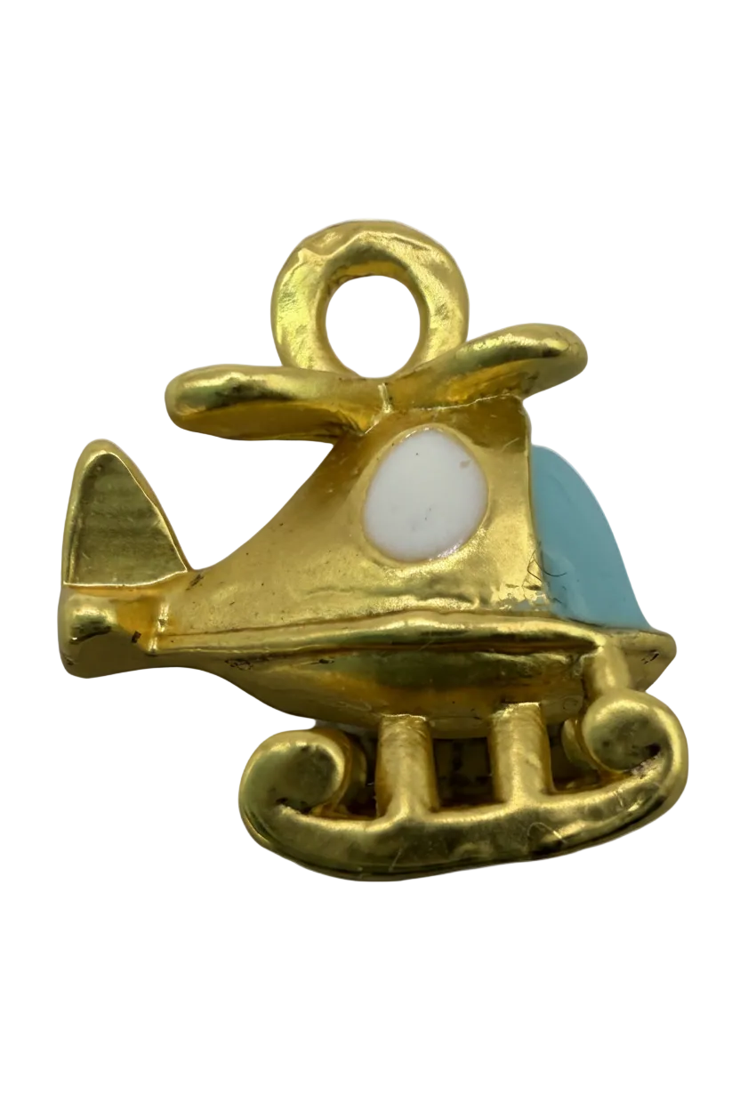 Polished gold airplane charm with sky-blue enamel base and white window detail