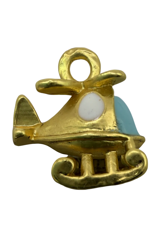 Polished gold airplane charm with sky-blue enamel base and white window detail