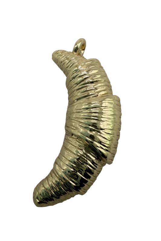 Textured gold croissant pastry charm with high-polish ridged finish