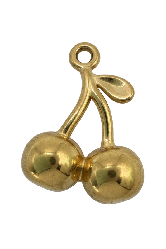 High-polish gold double cherry fruit charm with petite leaf detail