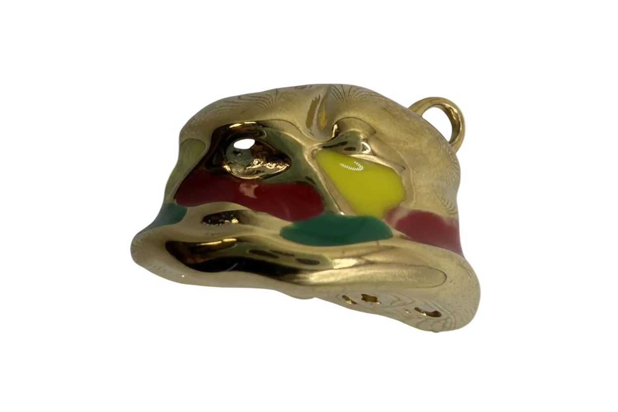Polished gold bear head with multicolor enamel patches in red, green, yellow, pink, and teal