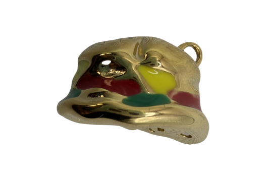 Polished gold bear head with multicolor enamel patches in red, green, yellow, pink, and teal