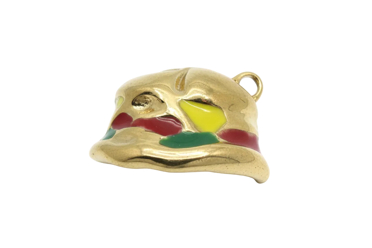 Gold bell charm with glossy multicolor enamel panels in red, yellow, teal, and pink