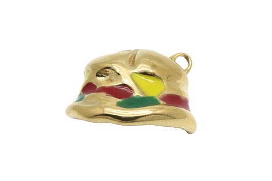 Gold bell charm with glossy multicolor enamel panels in red, yellow, teal, and pink