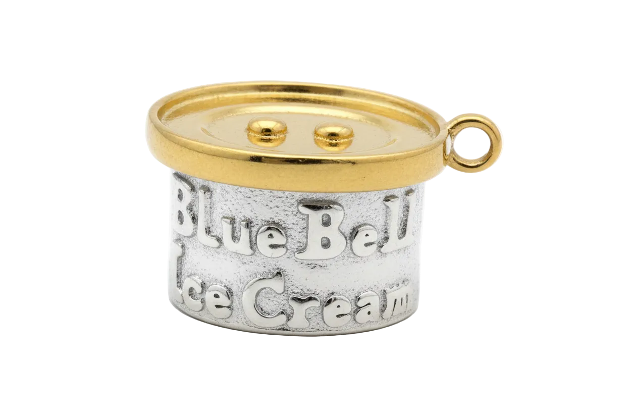 Two-tone metal ice cream tub charm with embossed lettering, silver body and glossy gold handle