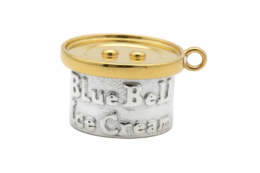 Two-tone metal ice cream tub charm with embossed lettering, silver body and glossy gold handle