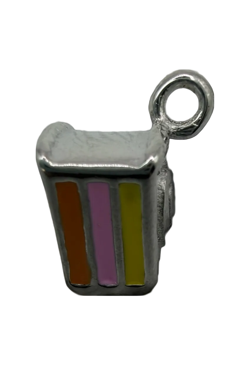 Polished silver notebook charm with orange, lilac, and chartreuse enamel stripes