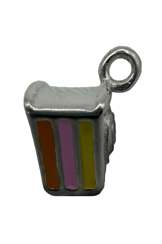 Polished silver notebook charm with orange, lilac, and chartreuse enamel stripes
