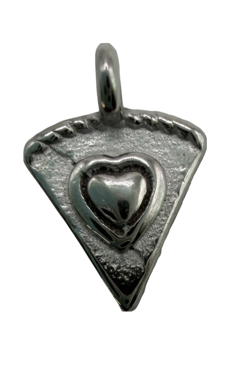 Oxidized silver pizza slice charm with raised heart detail and textured edge