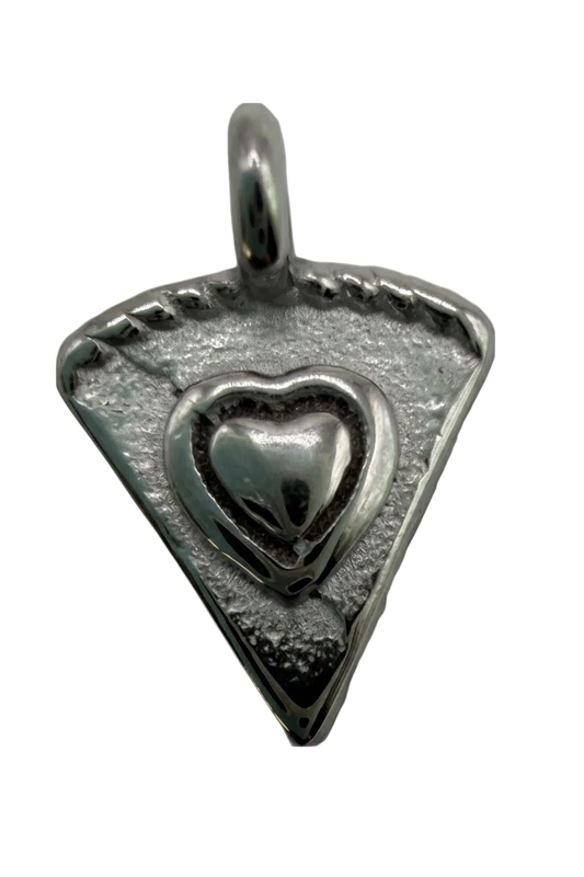 Oxidized silver pizza slice charm with raised heart detail and textured edge